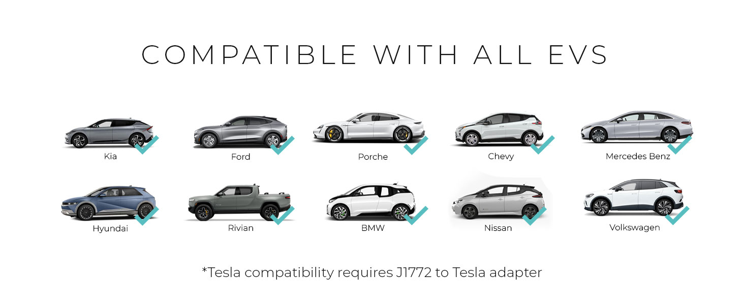 Compatible with all EV J1772 including BMW, Ford, Chevrolet, Hyundai, Porsche, Rivian, and Mercedes