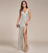 Ever-Pretty Women Sequin Evening Dress Long Sleeve Side Split Evening Gowns 