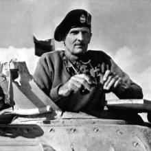 The hero of El Alamein, General Bernard Montgomery rides a tank