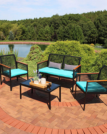 Sunnydaze Coachford 4-Piece Black Resin Rattan Outdoor Patio Furniture Set - Blue Cushions