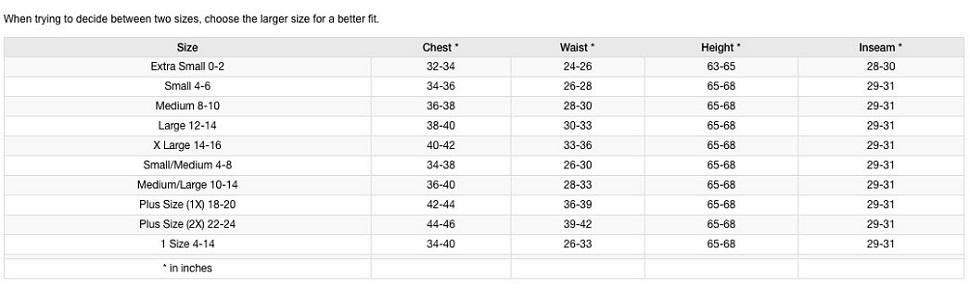 size chart womens