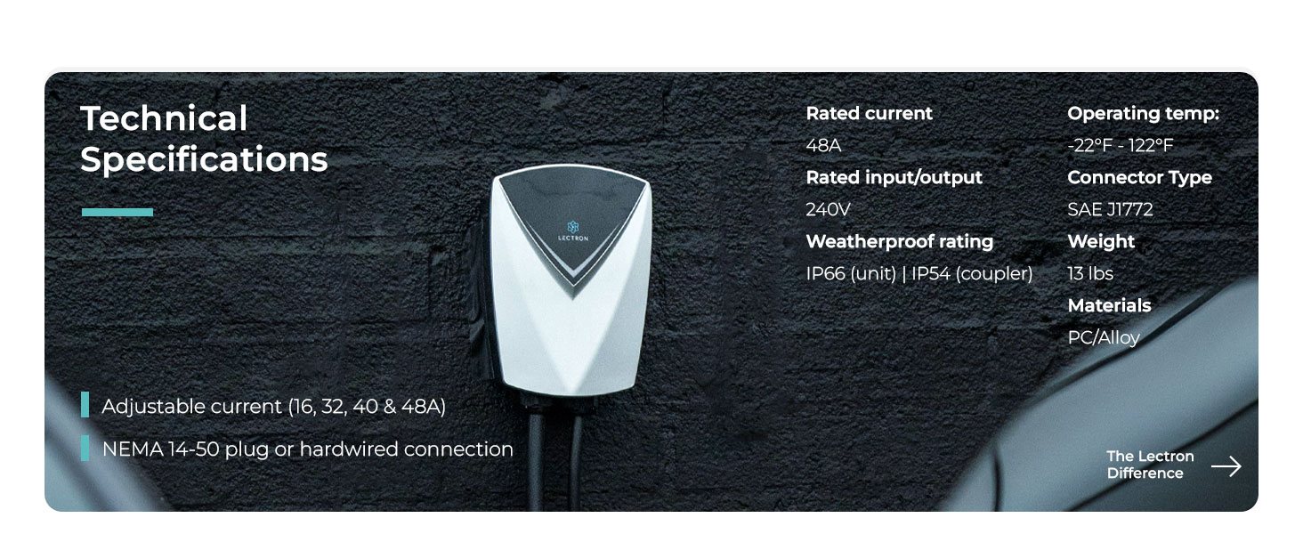 Adjustable current (16, 32, 40 & 48A) NEMA 14-50 plug or hardwired Connector Type SAE J1772