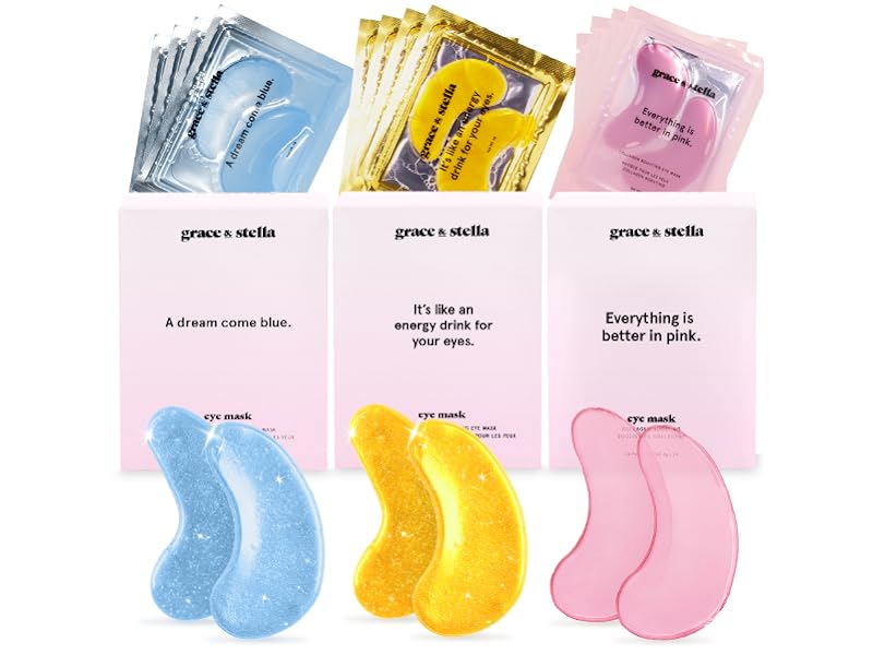 Trio pack under eye masks for dark circles and puffiness comes in a 72 pack gold pink and blue