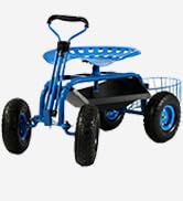 Sunnydaze Garden Cart Rolling Scooter with Extendable Steer Handle, Swivel Seat & Utility Tool Tr...