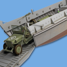 A model of a Higgns boat transports an army jeep