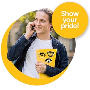 Man holding notebook with University of Iowa stickers on it, Hawkeyes, Herky the Hawk