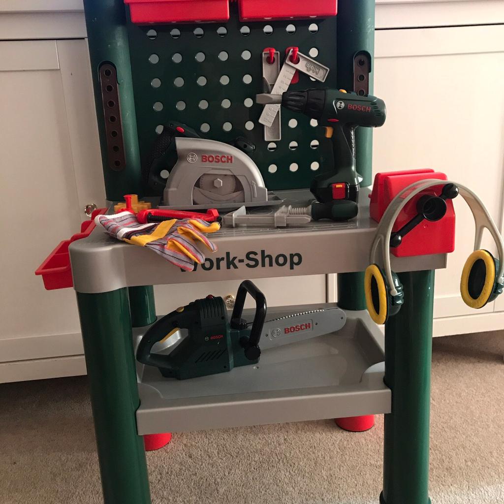 Workbench and Bosch tools as pictured would make perfect Christmas present some of tools battery operated(bought extras) work bench comes with original tools as well as separately brought Bosch battery tools