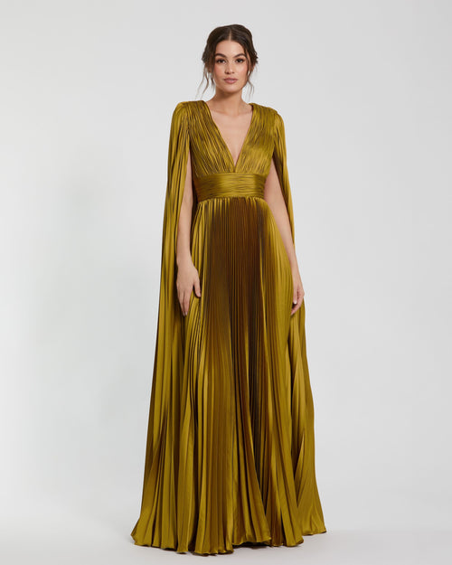 Pleated Charmeuse V Neck Gown With Cape