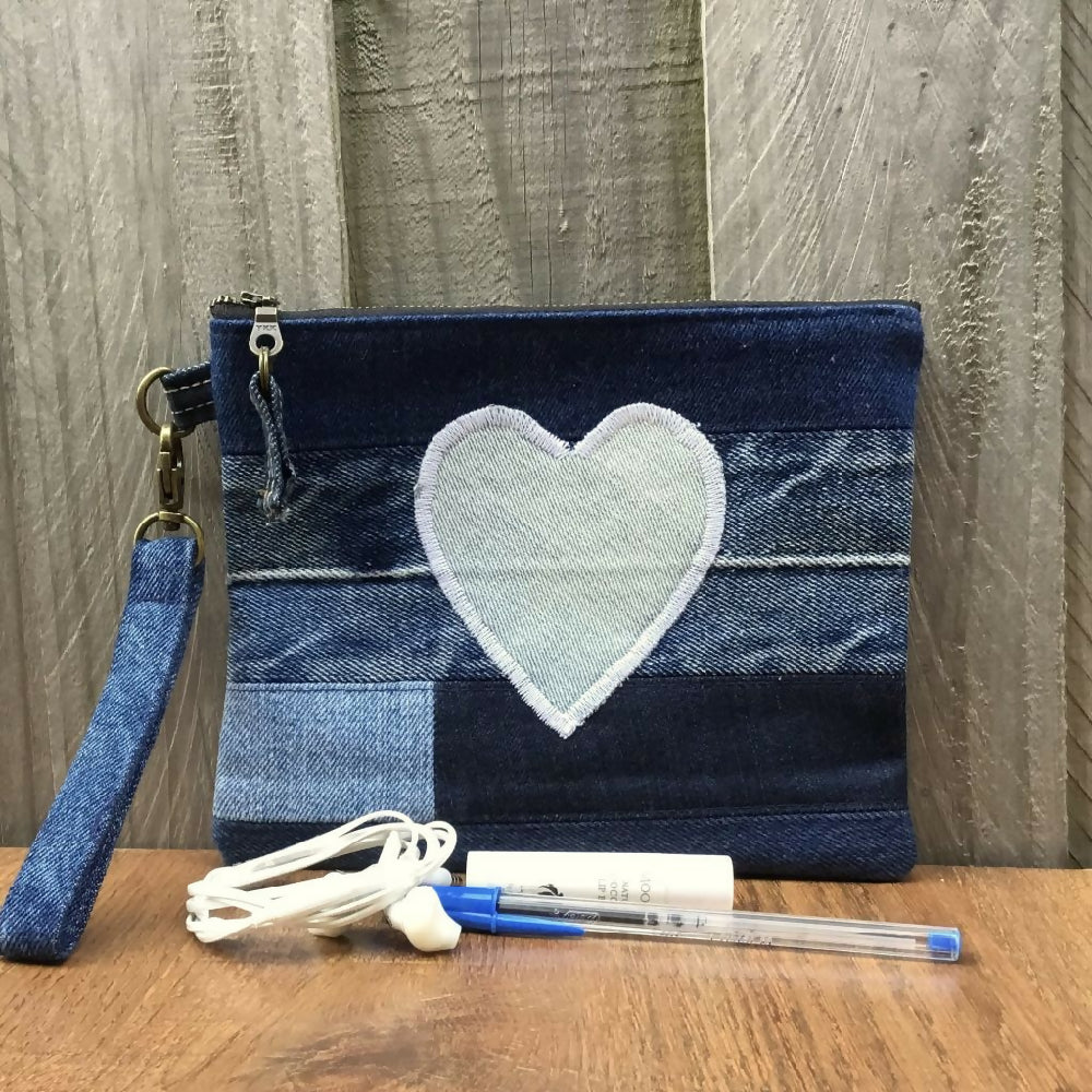 Upcycled Denim Wristlet Purse - Blue Heart