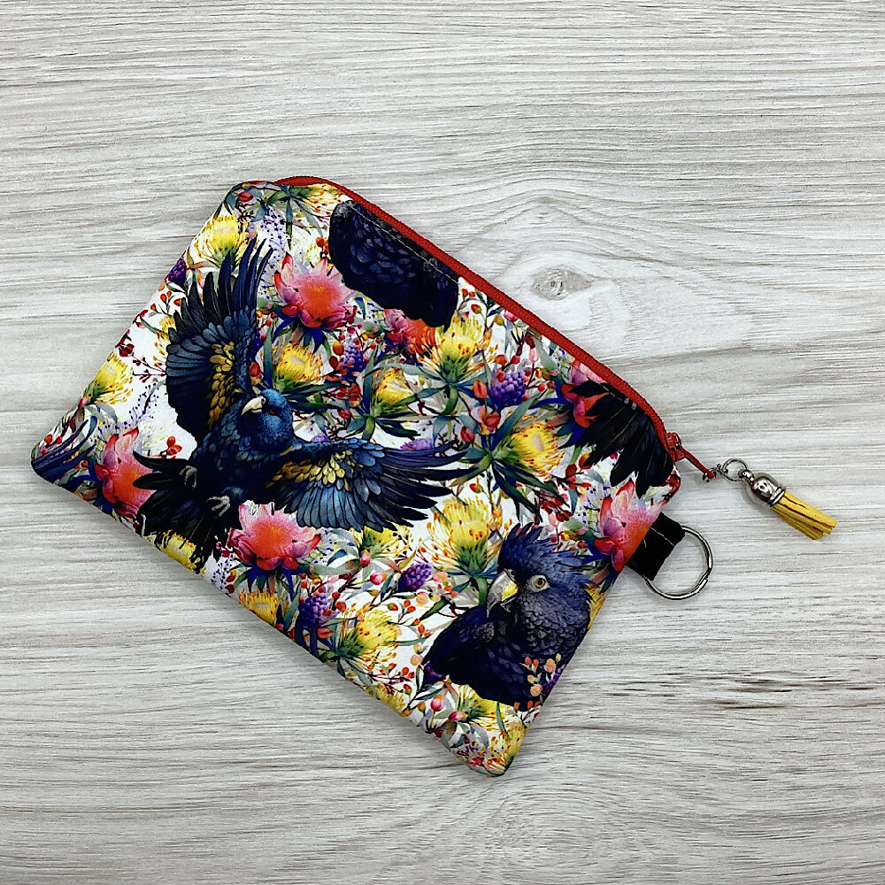 Black Cockatoos Zip Pouch (18cm x 13cm). Fully lined, lightly padded