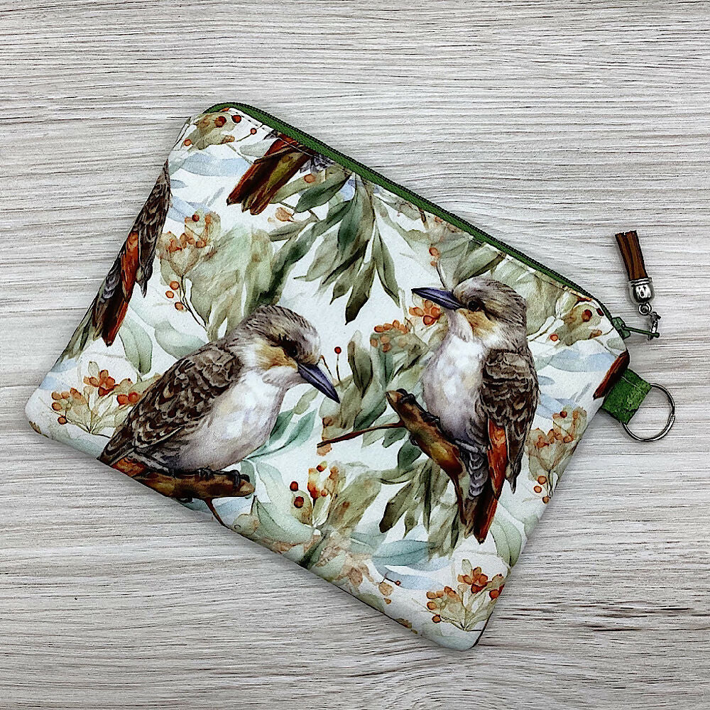 Kookaburras Zip Pouch (21cm x 16cm) Fully lined, lightly padded