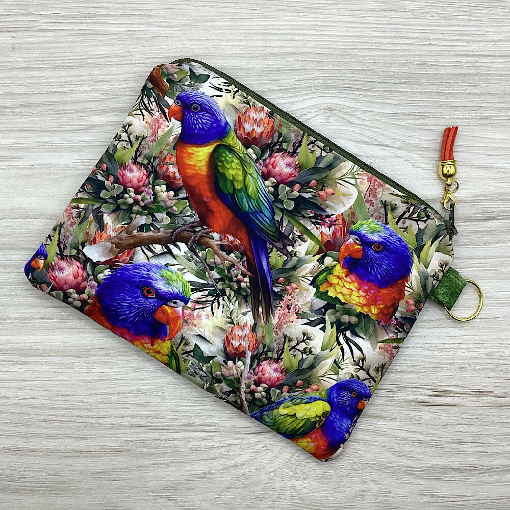 Lorikeets parrots Zip Pouch (21cm x 16cm) Fully lined, lightly padded