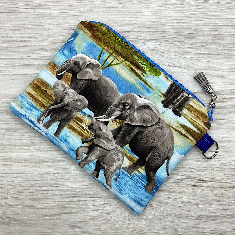 Elephants Zip Pouch (21cm x 16cm) Fully lined, lightly padded