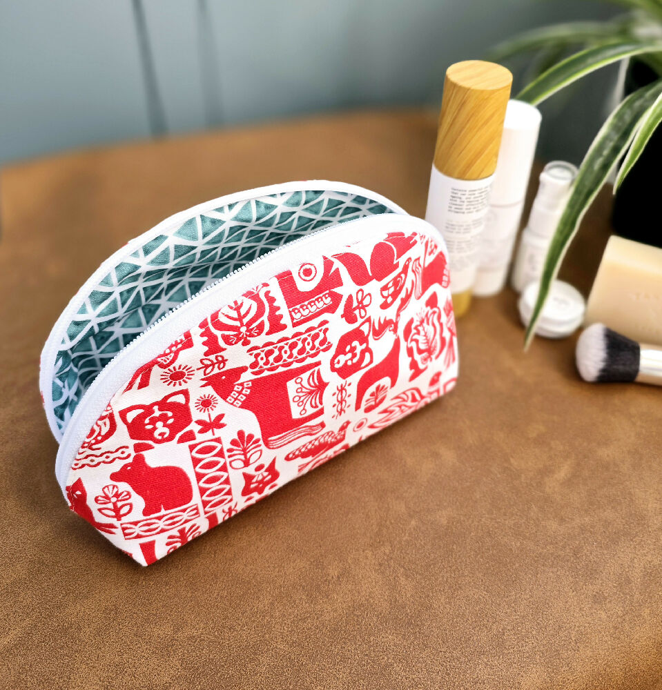 Make up bag. Scandi red & white design. Cosmetic pouch. Toiletry purse.