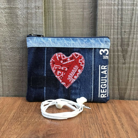 Upcycled Denim Coin Pouch – Red Paisley Heart