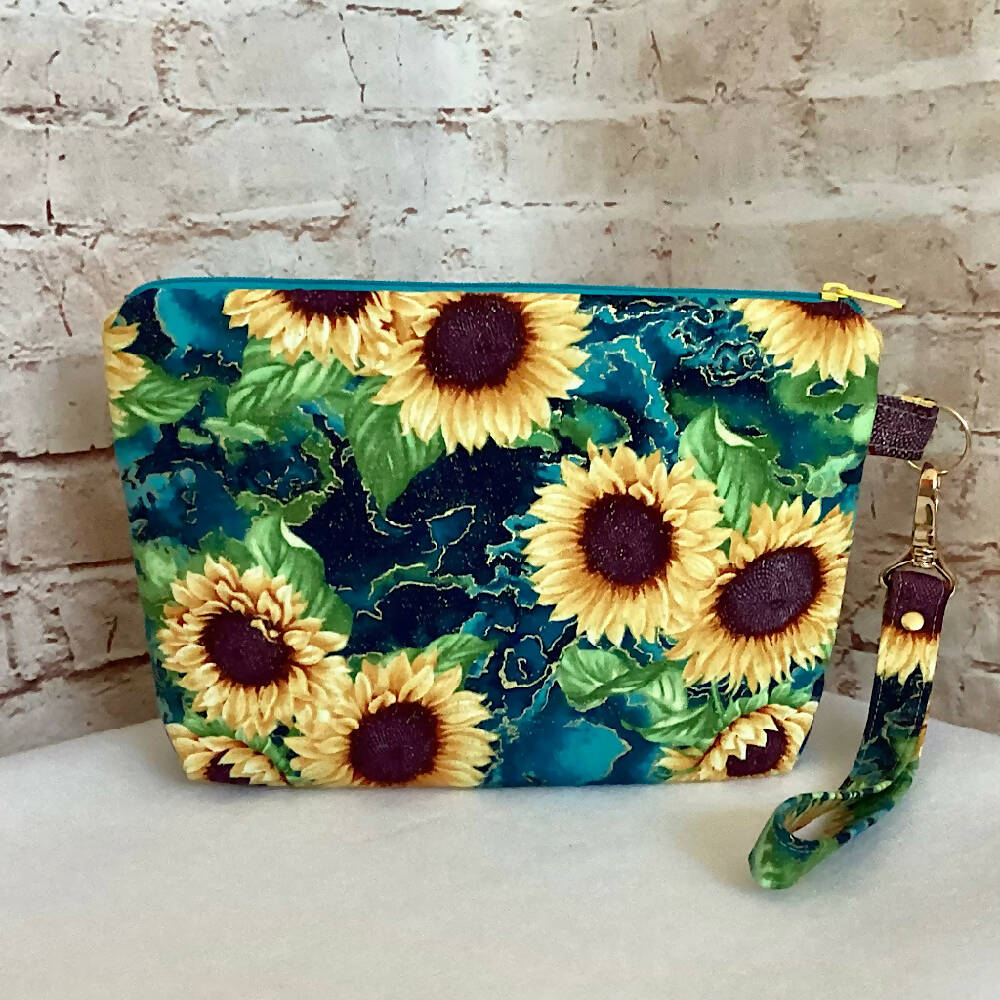 Sunflowers (on teal) clutch purse with detachable wristlet (Approx. 24cm x 17cm -5cm gusset)