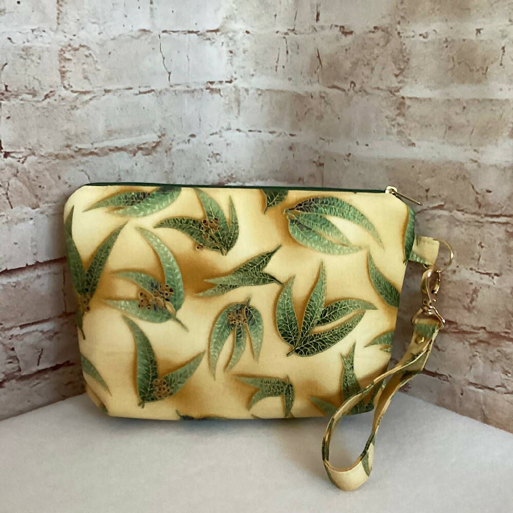 Eucalyptus Gum Leaves clutch purse with detachable wristlet. (Approx. 24cm x 17cm - 5cm gusset)