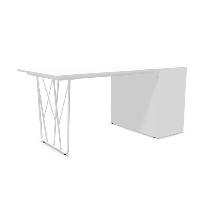 Deck Desk, With 42cm Lateral Pedestal, 160x80cm, White Laminate Top / White Steel Base