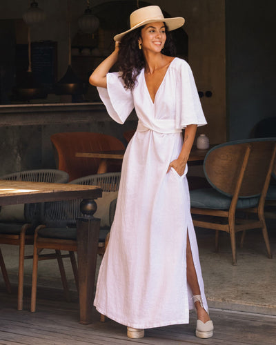 Maxi linen dress AGRA in White - MagicLinen modelBoxOn2