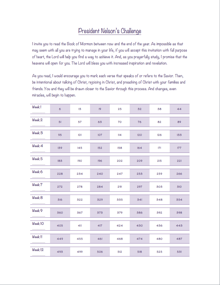 President Nelson 12 Week Book of Mormon Challenge Progress Chart