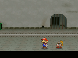 Screenshot of Mario at a hidden ? Block location in Rogueport Sewers, in Paper Mario: The Thousand-Year Door.