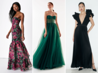 collage of three formal black-tie bridesmaid dresses