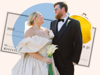 wedding budget breakdown collage with check, purse, bride, groom