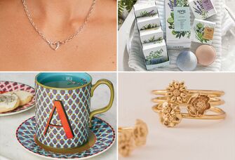 Four wedding shower host and hostess gifts: a heart necklace, bath bombs, a birth flower ring, and a monogram mug 