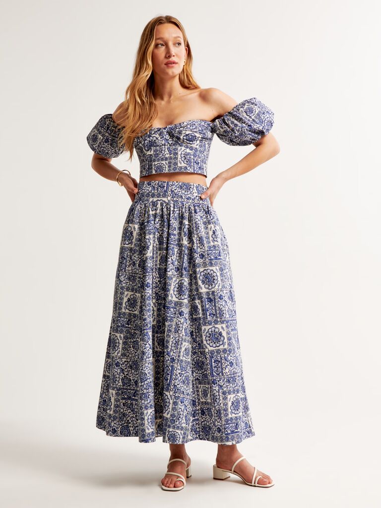 Poplin off-the-shoulder top and skirt set for casual wedding guest outfit