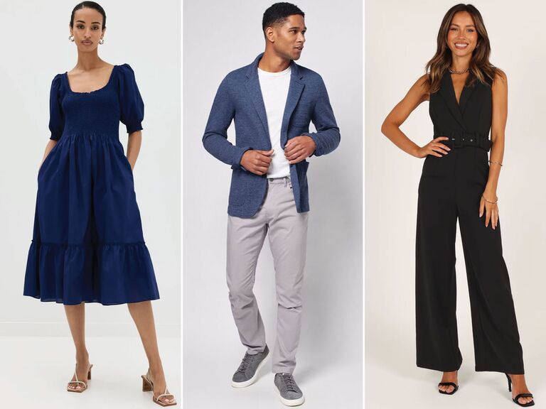 Three casual wedding attire outfits for men and women