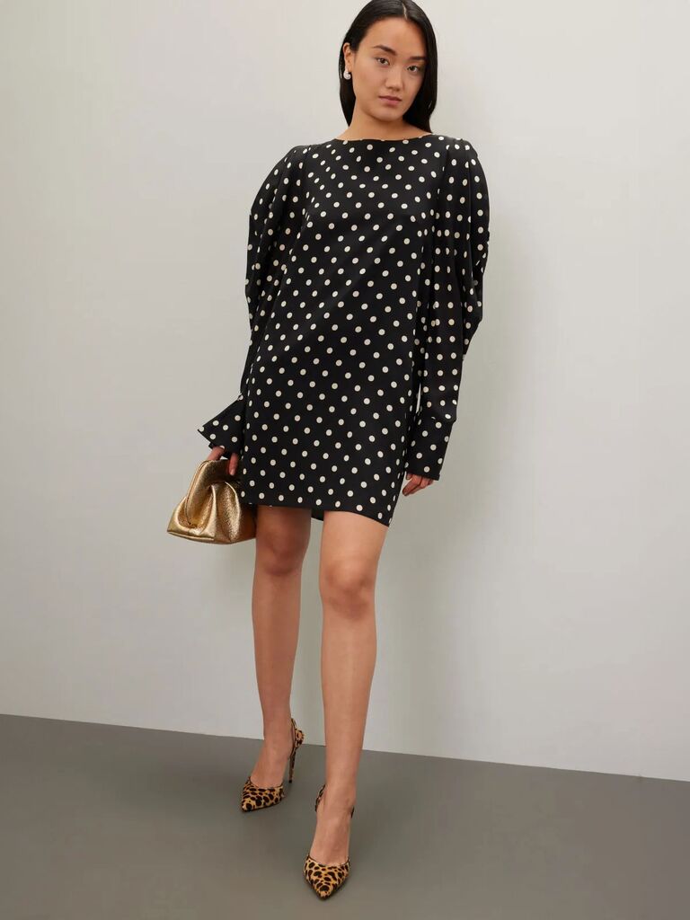 Puff-sleeve polka dot mini dress for casual wedding guest