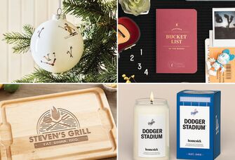 Gifts for girlfriend's dad: Christmas tree ornament, bucket list passport, Dodger Stadium candle, personalized cutting board