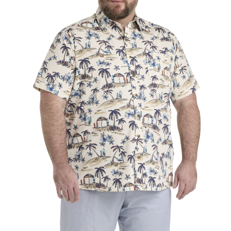 Tropical-print men's button-down shirt for casual wedding