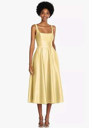 tea-length yellow satin dress with square neckline