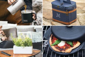 Collage of four gift ideas for son-in-law: YETI mug, personalized cooler, pizza maker, indoor herb garden