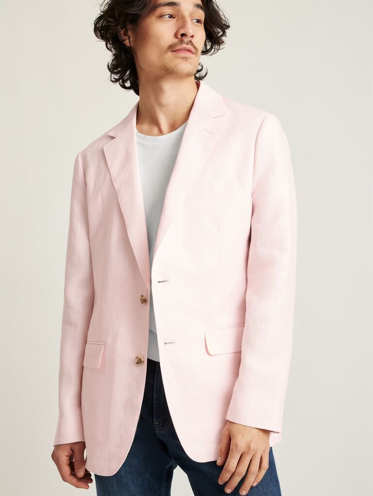 Pink herringbone blazer for casual wedding guest