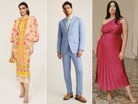 Three cocktail attire wedding guest outfit ideas for men and women