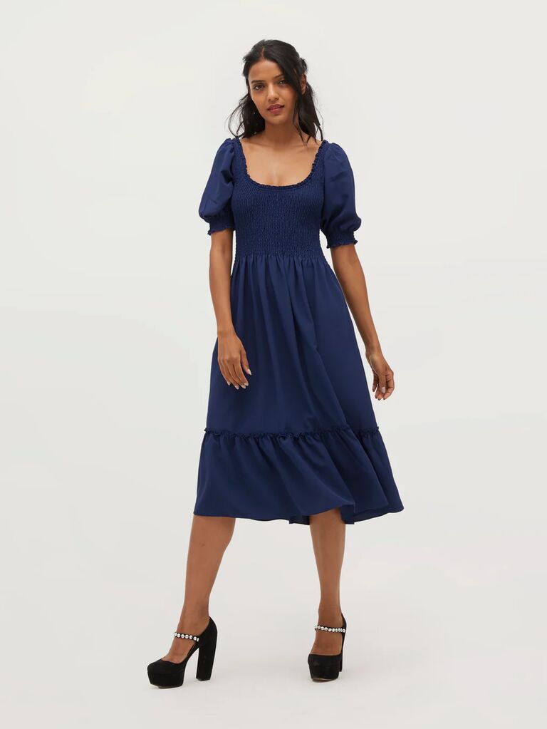 Hill House Home navy puff-sleeve midi tiered dress for casual wedding guest