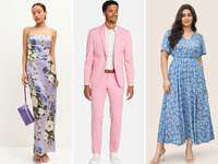 Collage of three spring wedding guest outfits