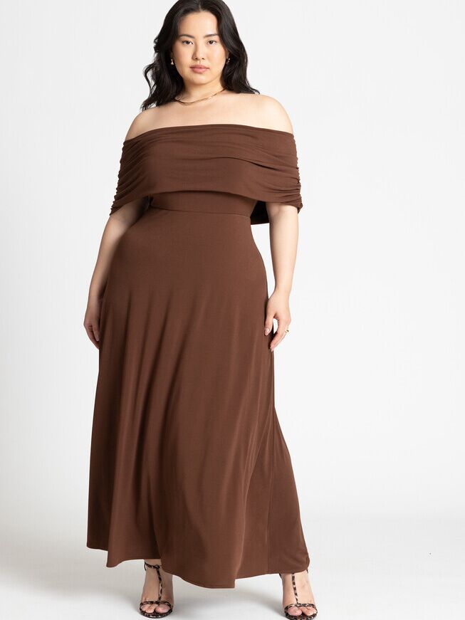 Brown knit off-the-shoulder maxi dress for casual wedding