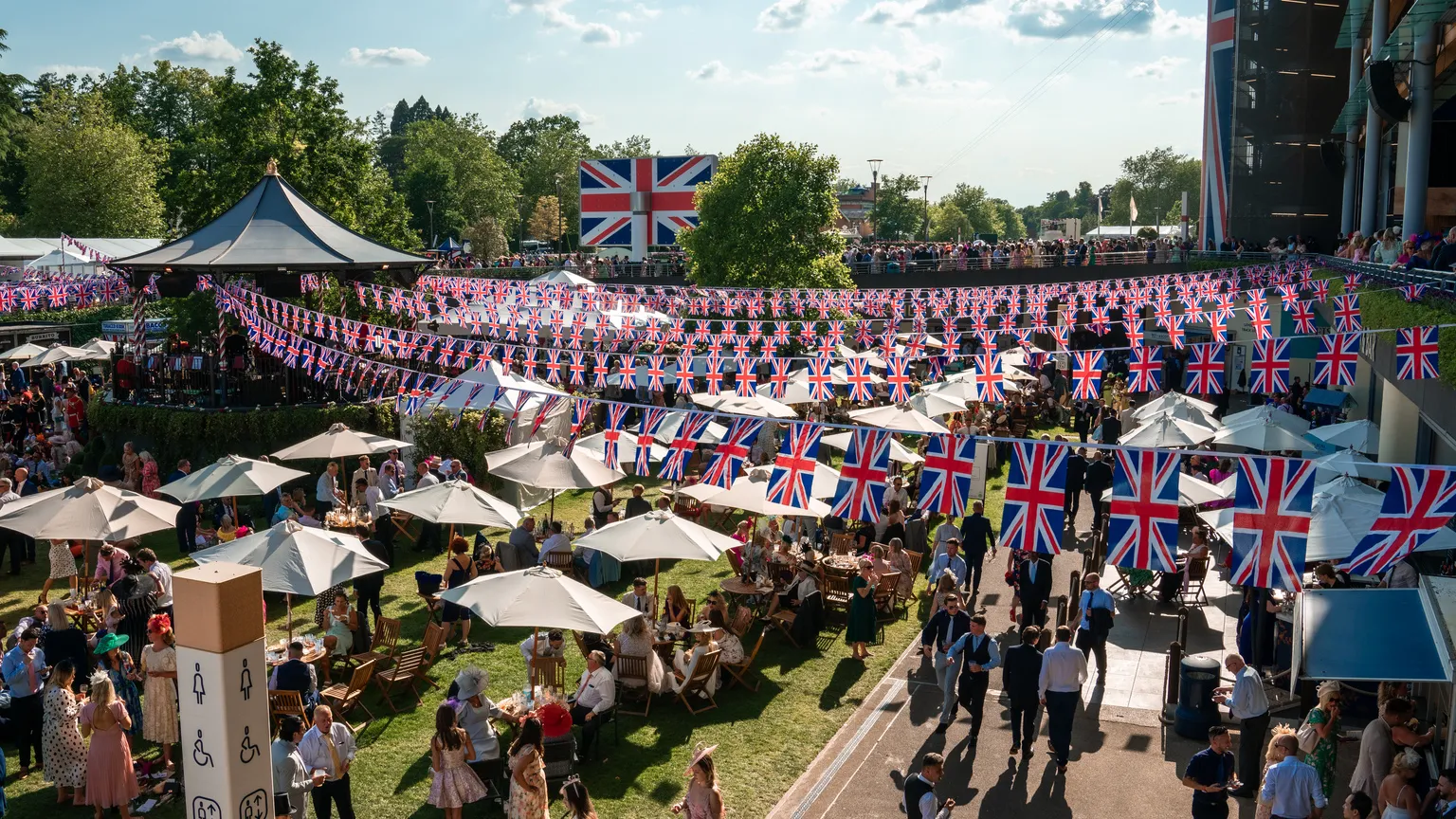 Union Jack flags surround the Bandstand at Royal Ascot