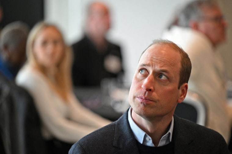 Britain's Prince William attends a Homewards Sheffield Local Coalition meeting in Sheffield, northern England, on March 19, 2024. 