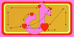 Illustration of the TikTok logo with dollar signs and hearts surrounding it 