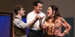 Daniel Radcliffe, Jonathan Groff and Lindsay Mendez in "Merrily We Roll Along." 