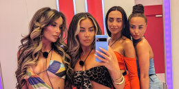 Harriett, Samantha, Jess and Nicole take a selfie in the mirror at the Love Island villa during Series 11.