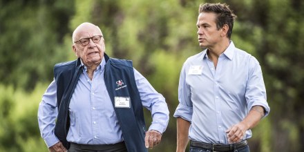 Rupert Murdoch and Lachlan Murdoch walk outside together