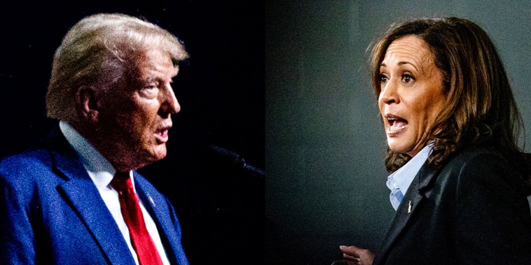 A composite split of Donald Trump and Kamala Harris.