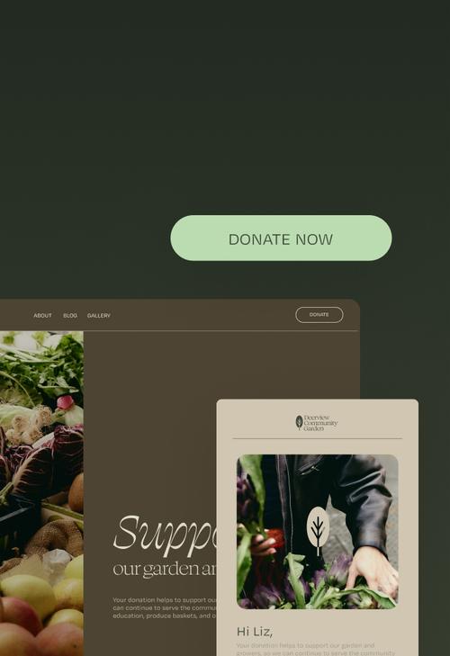 A custom community garden donation website, complete with branded fundraising campaigns and a large donate now prompt.