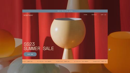 An ecommerce website showcasing a beige lighting fixture sculpture with a red curtain-like background, featuring a 'Shop Now' button and sale highlights.