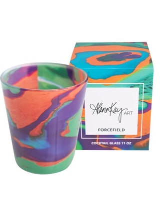 Alana Kay Art Cocktail Glasses orange green and purple tie dye glass and box on white background